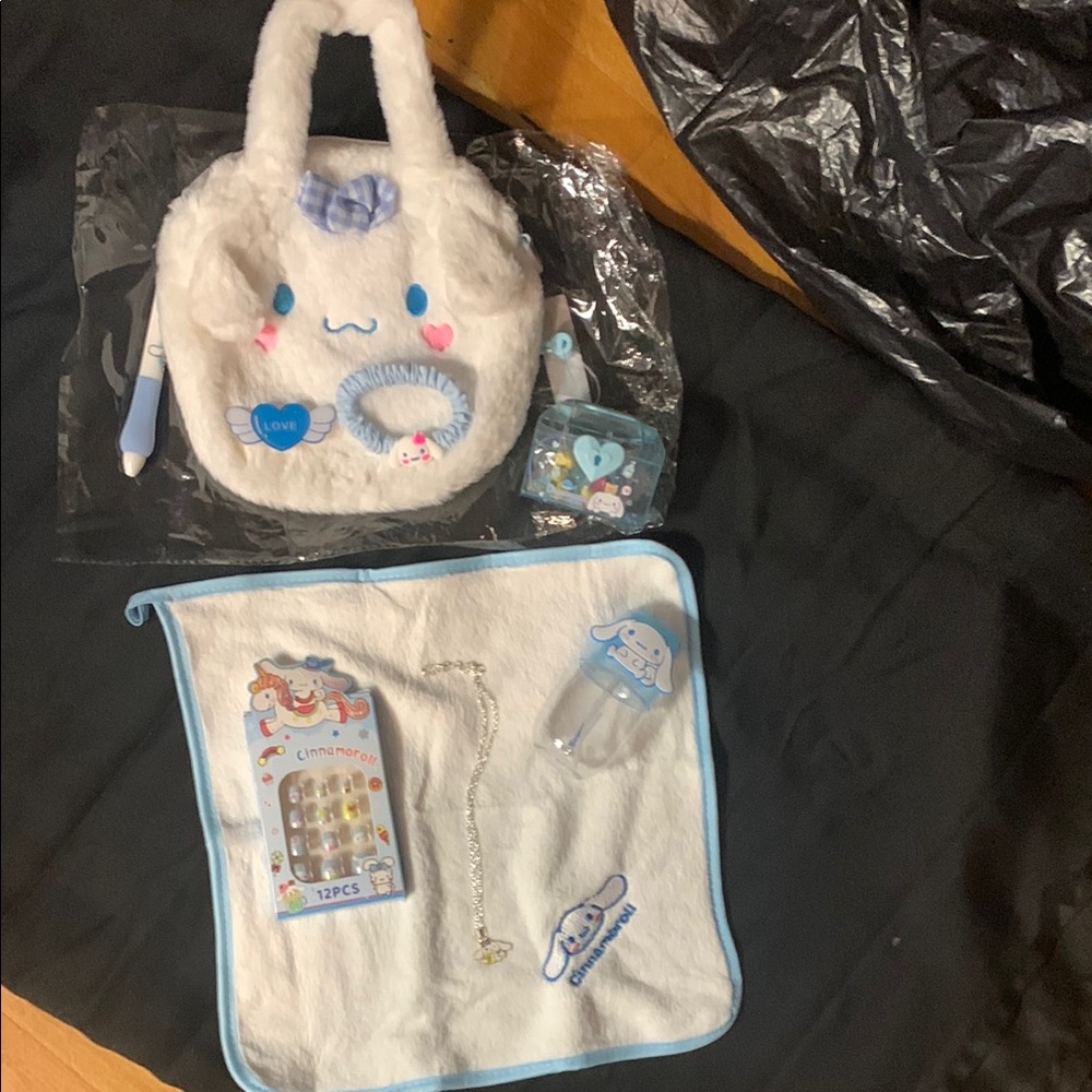 Cute White and Blue Plush Bag Set